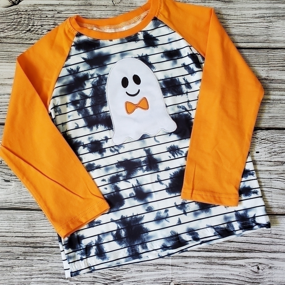 Unisex Kids Embroidered Spooky Ghost Ink Splatter Long Sleeve Halloween Raglan